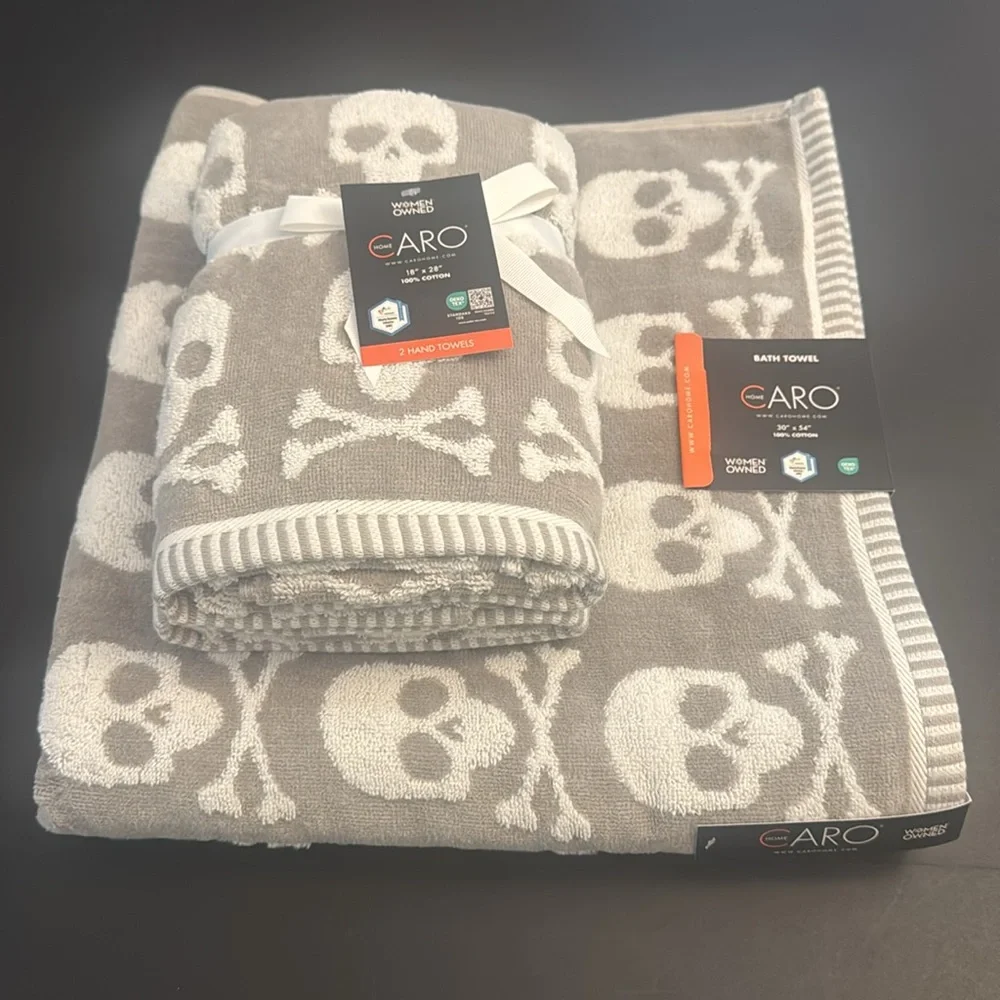 3pc CARO HOME Skull Pattern Bath Towel Set - Halloween - 100% Cotton -Gray/White